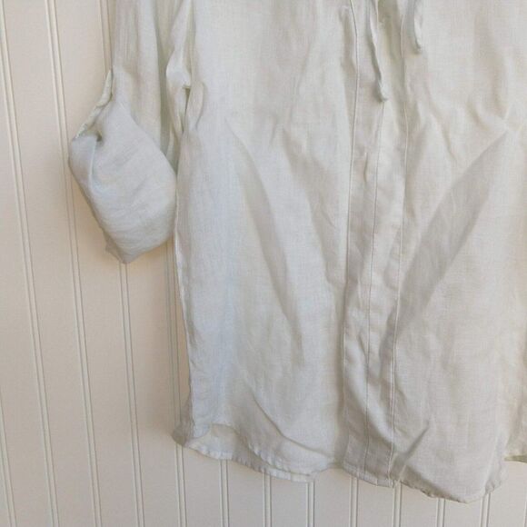 Side Stitch White Linen lace Up Top Size M Roll Tab Sleeves Lagenlook Blouse - Picture 5 of 8